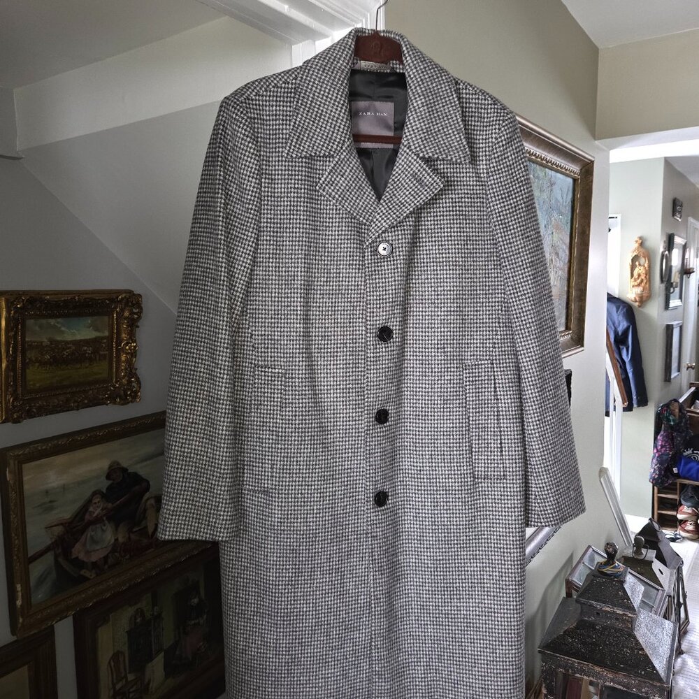 Zara - Lane Wool Men's Coat - 4 Button Black/Gray Houndstooth Checkerboard